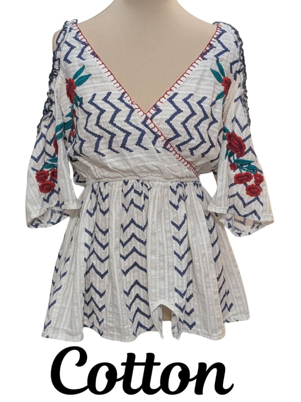 Cotton Embroidered Open Shoulder Chevron Blouse